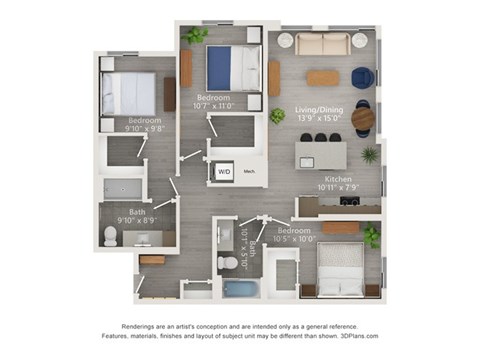 A floor plan of a house with three bedrooms, a living/dining area, a kitchen, and a bathroom.